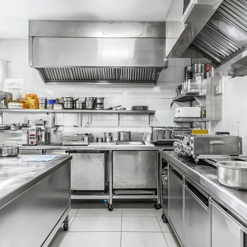 Cuisine professionnelle équipée d'appareils en acier inoxydable, avec hotte aspirante et plan de travail organisé.