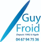 Logo Guy Froid, avec une barre diagonale bleue stylisée, affichant "Depuis 1992 à Agde" et le numéro 04 67 94 75 36.