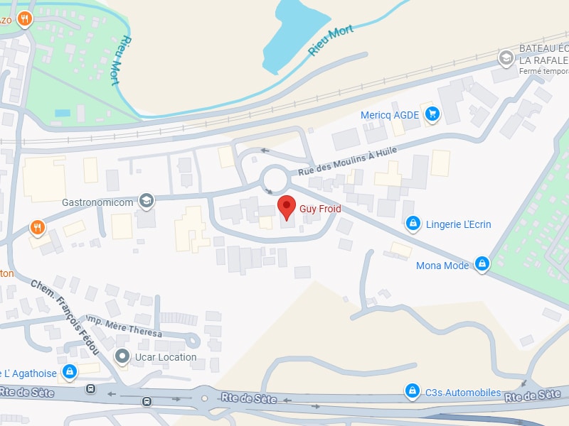 Localisation Guy Froid : Rue des Moulins À Huile carte Carte localisant 'Guy Froid' près du rond-point sur la Rue des Moulins À Huile, près de Gastronomicom et Rieu Mort.